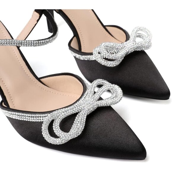 Women's Satinblack Closed Toe Rhinestone Wedding Low Slingback Clear Kitten Heel - Picture 9 of 9